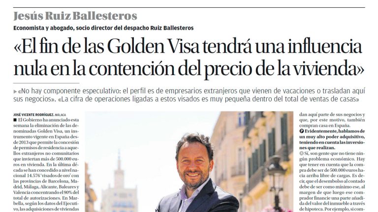 La Opinión de Málaga: El fin de las Golden Visa tendrá una influencia nula en la contención del precio de la vivienda